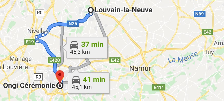 Itinéraire pour ongi ceremonie de Louvain Ottignies