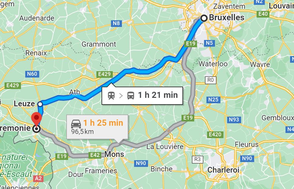 Itinéraire de Bruxelles à Ongi-Ceremonie